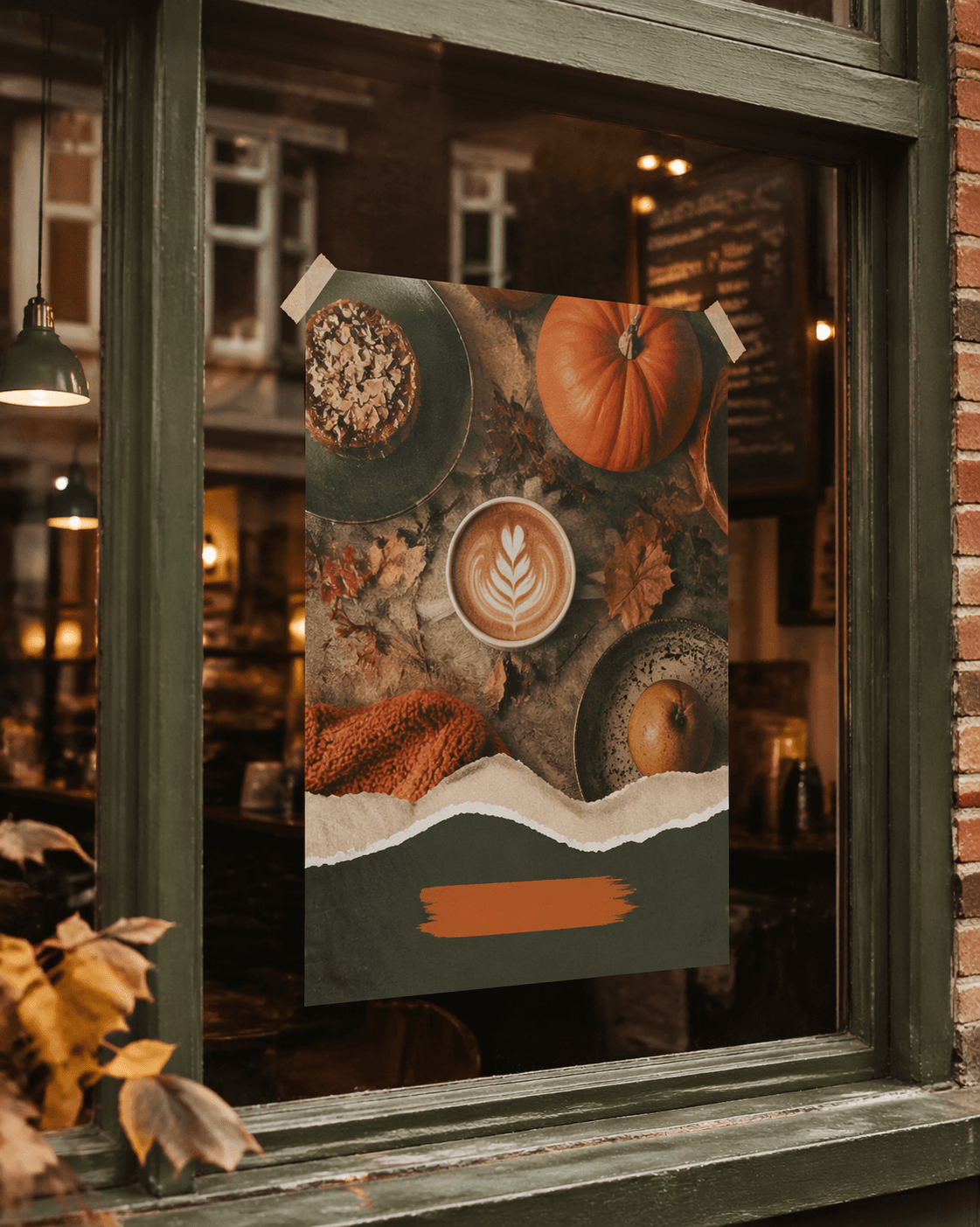 A warm bistro campaign poster displayed in a cafe window.