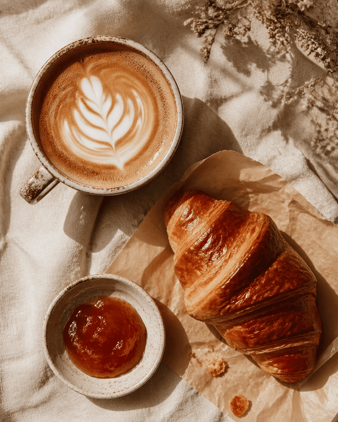 A warm overhead photo of coffee and pastry styled for social media.