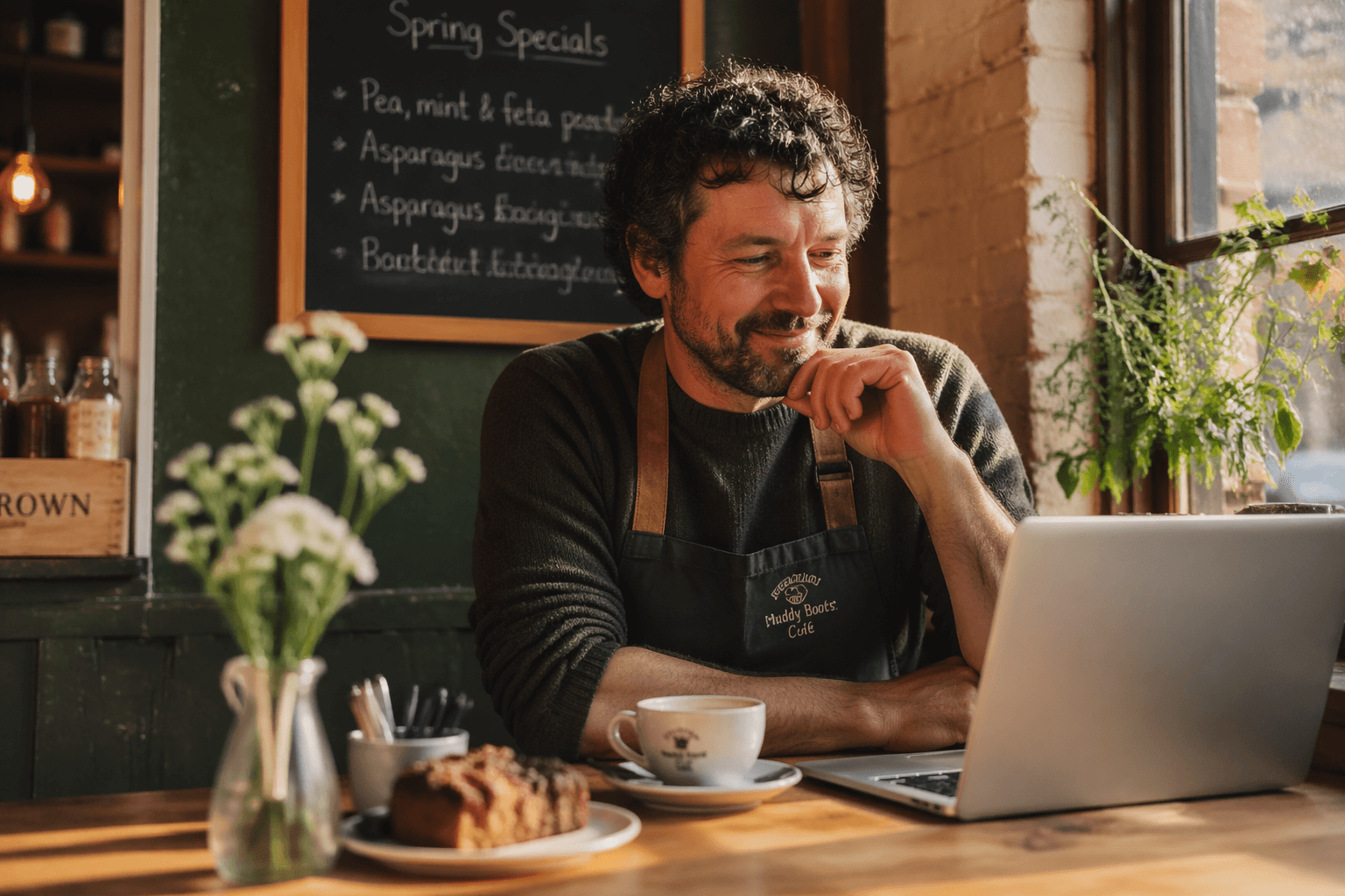 A British cafe owner working on a laptop inside a sunny bistro.