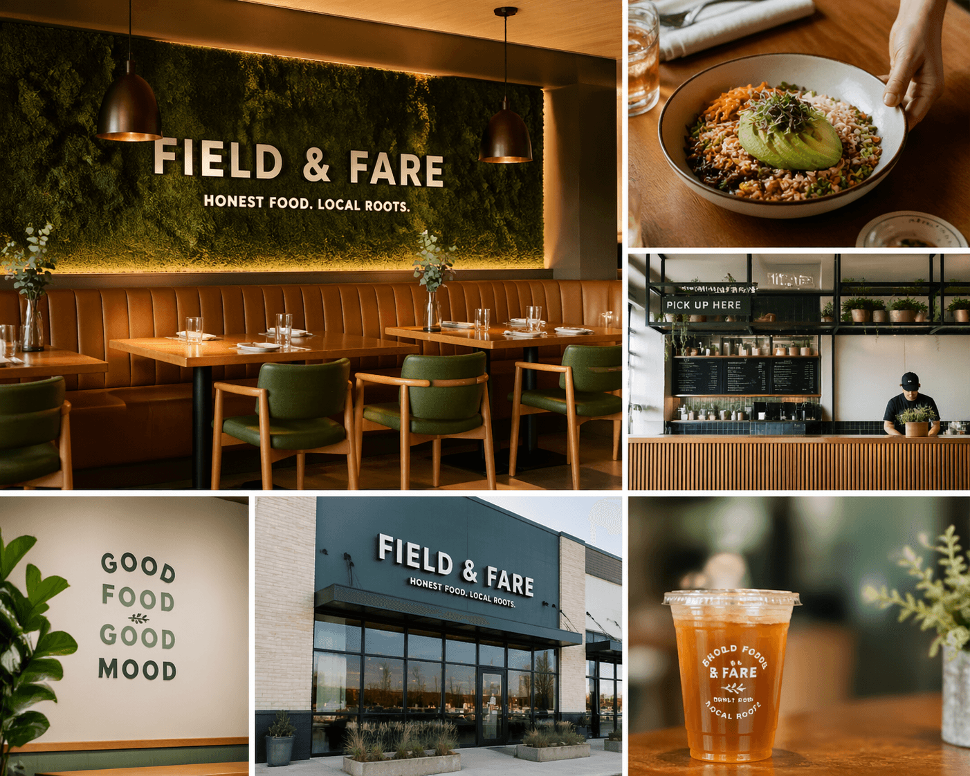 A branded multi-site restaurant interior with a warm palette.
