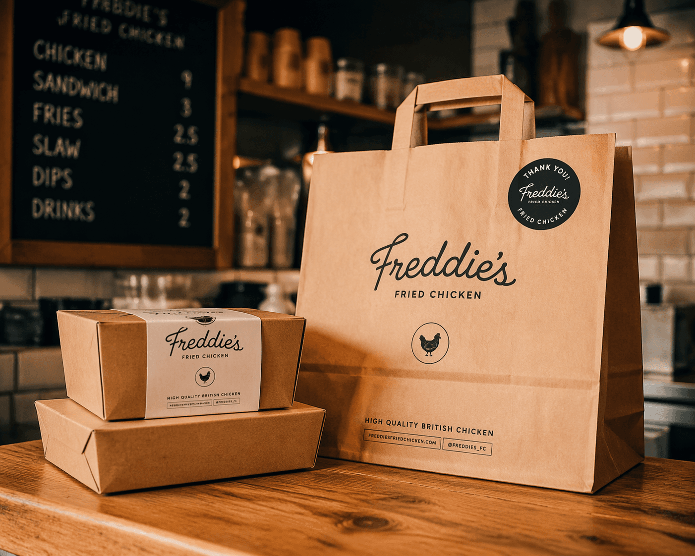 Takeaway packaging and delivery-ready dishes on a counter.